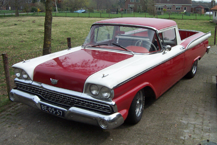 1973 Ford Ranchero - This 1959 Ford Ranchero features a distinctive two-tone red and white paint scheme and chrome accents.