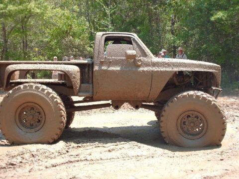 1990 Ford F-150 - This heavily modified pickup truck is covered in mud, suggesting it was used for off-roading.