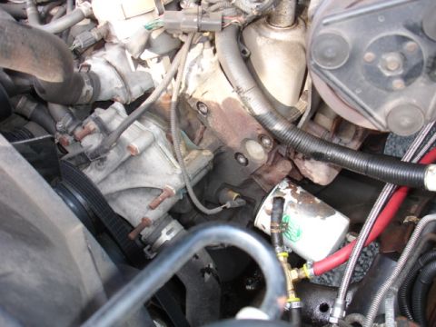 1996 Ford Bronco - Close-up view of an engine bay, focusing on the oil filter and associated plumbing.