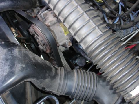1996 Ford Bronco - Close-up view of engine components including air intake hoses and serpentine belt.