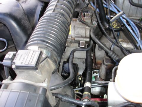 1996 Ford Bronco - Close-up of an engine bay, focusing on the air intake system and AC compressor.