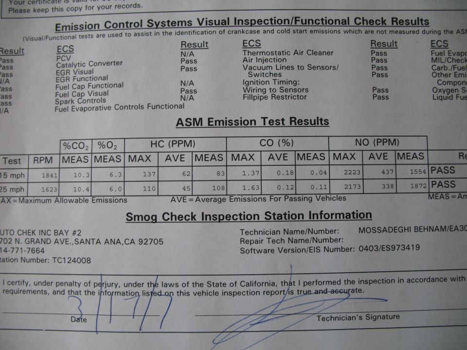 California Smog Check ASM Emission Test Results and Visual Inspection Report
