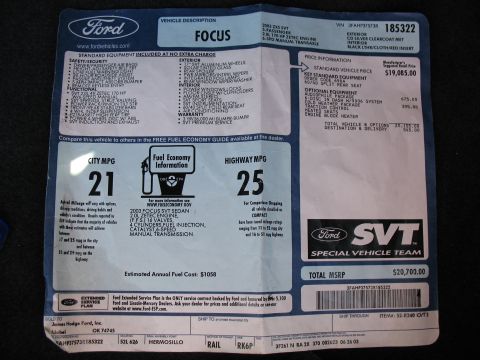 1993 Ford Bronco - Window sticker details for a 2003 Ford Focus SVT, including MSRP and fuel economy.