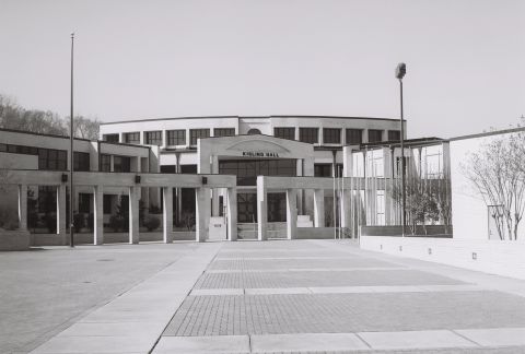 1973 Ford Ranchero - The entrance to Kisling Hall is framed by modern colonnades and a paved courtyard.