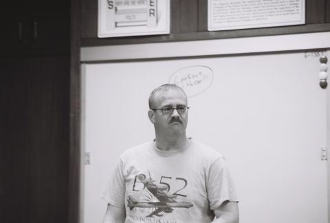 1973 Ford Ranchero - Man in B-52 shirt in front of whiteboard with text and drawings.