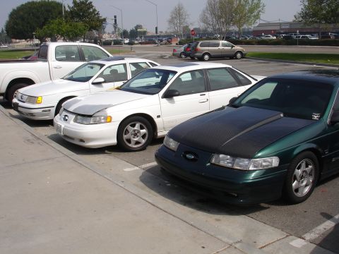 1993 Ford Taurus - A green 1993 Ford Taurus with a carbon fiber hood is parked in a lot alongside other vehicles.