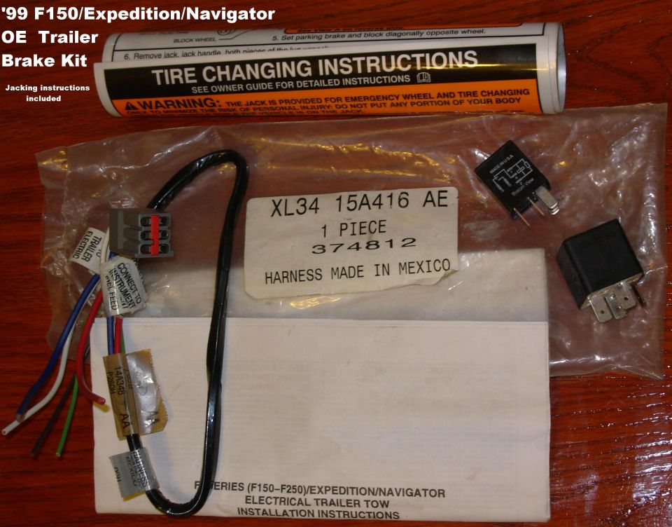 Ford OE trailer brake wiring harness kit with relays and tire-changing instructions