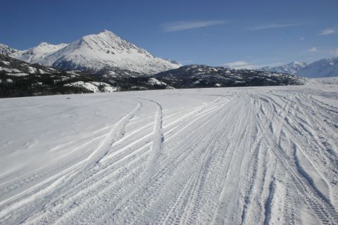 2003 Jeep TJ - Tracks mark a path across a vast, snow-covered plain towards distant, mountains.