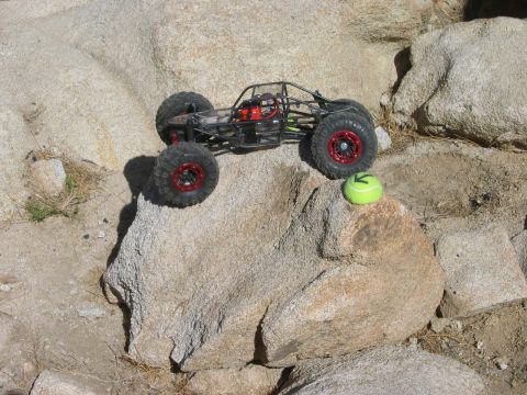 1985 Ford Bronco - This remote control rock crawler is positioned on a rocky terrain, with a tennis ball nearby.