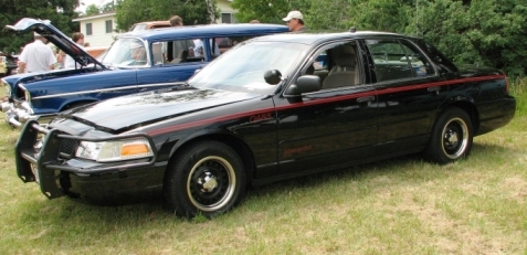 2000 Ford Crown Victoria - A black sedan with a red stripe and a push bumper is parked on grass.