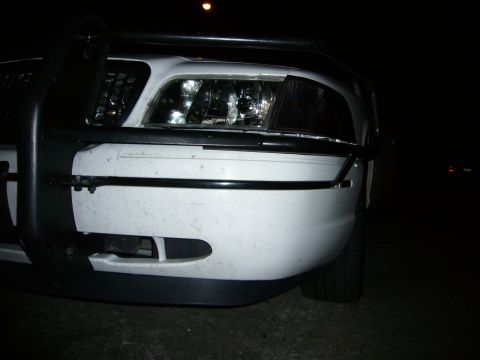 2000 Ford Crown Victoria - The front of a white 2000 Ford Crown Victoria is visible, equipped with a black push bar and fog lights.