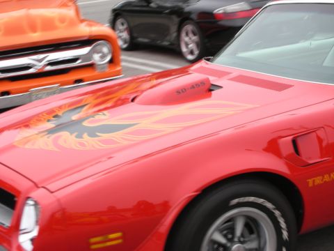 1998 Ford Crown Victoria - Multiple vehicles parked together, including a red muscle car with prominent decals.