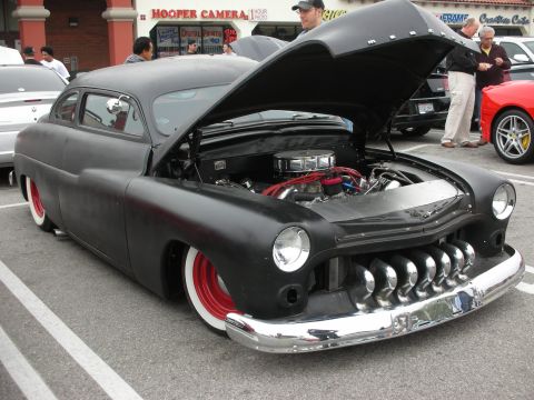 1998 Ford Crown Victoria - Custom hot rod at a car meet, hood open to display the engine and chrome details.