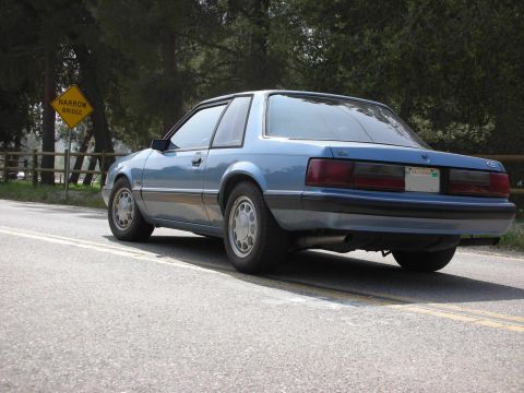 1990 Ford Mustang - A blue 1990 Ford Mustang is seen from the rear on a road, with a narrow bridge warning sign visible in the background.