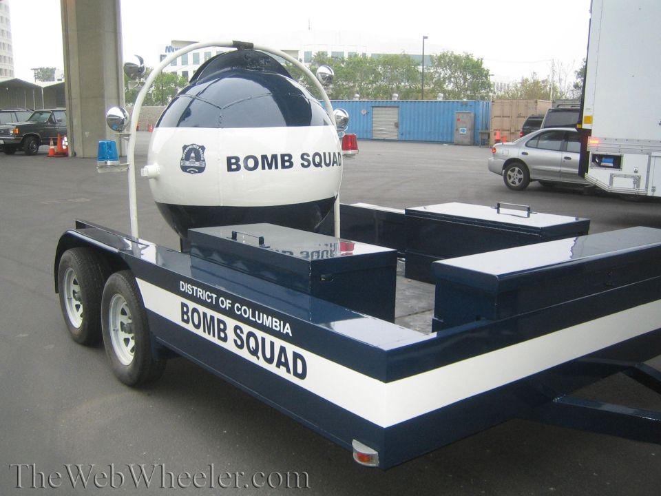 Spherical bomb containment vessel mounted on a Bomb Squad trailer