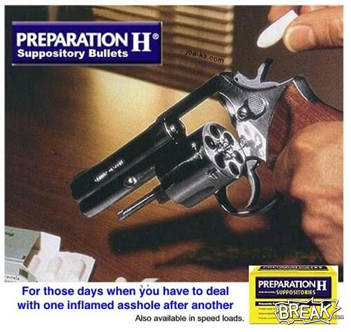 Revolver with a suppository being loaded, next to Preparation H packaging