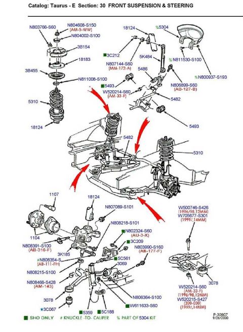 1997 Ford Taurus - Exploded parts catalog illustration for Taurus front suspension and steering with numerous part numbers and assembly arrows.