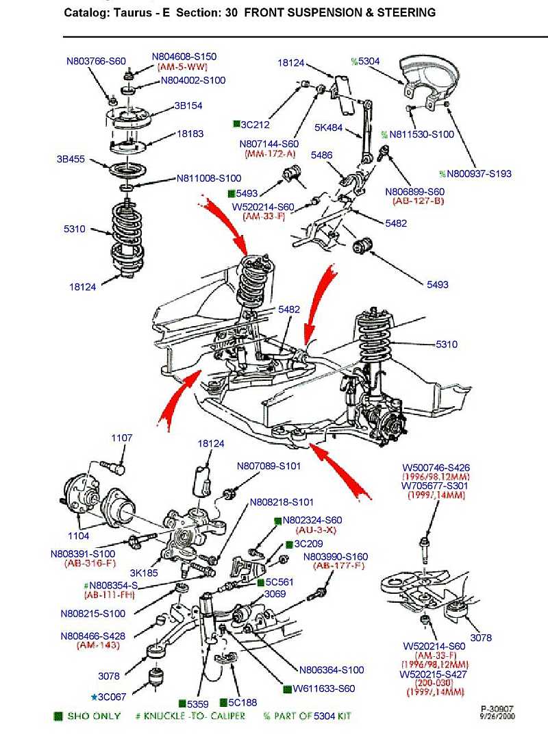 Front suspension and steering exploded parts catalog with part numbers and red routing arrows
