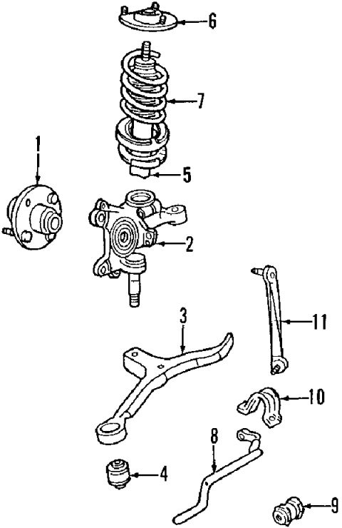 1997 Ford Taurus - Exploded-view front suspension drawing with numbered components including hub, knuckle, coil spring, control arm and stabilizer bar.