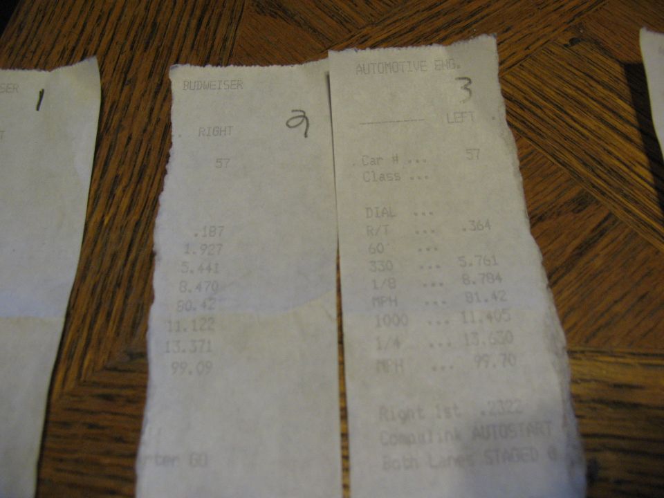 Three drag racing timing slips for car #57 showing 13-second quarter-mile times near 99 MPH.