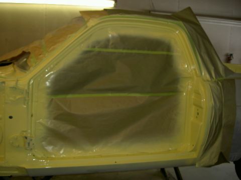 1967 Ford Ranchero - Vehicle door masked off and ready for spray paint application.