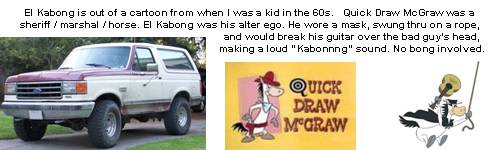 Collage of a Ford Bronco with Quick Draw McGraw and El Kabong cartoon images