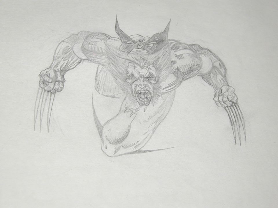 Pencil sketch drawing of the comic character Wolverine lunging with claws out