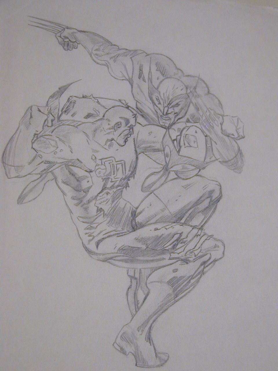 Pencil sketch of two comic book superhero figures fighting