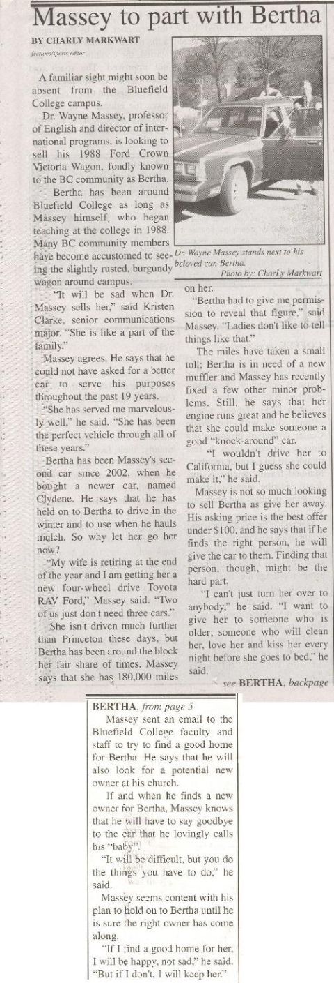1982 Ford LTD Crown Victoria - A newspaper clipping headlined "Massey to part with Bertha" featuring a photo of a man standing beside a two-tone (light over dark/burgundy…