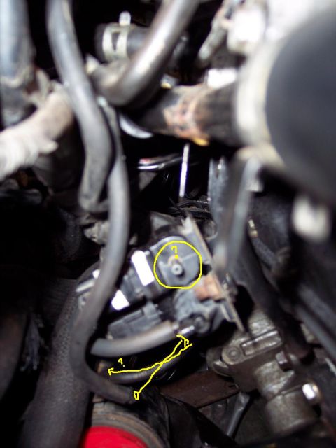 1995 Ford Probe - Detail shot of various hoses and a sensor within a vehicle's engine compartment.