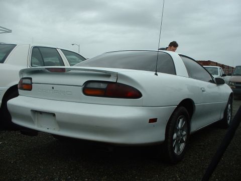 2000 Ford Crown Victoria - A white Chevrolet Camaro coupe is parked next to another white vehicle under an overcast sky.