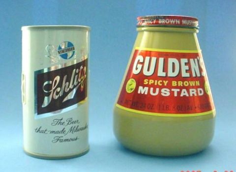 1979 Ford Bronco - A classic Schlitz beer can sits beside a bottle of Gulden's spicy brown mustard on a blue background.