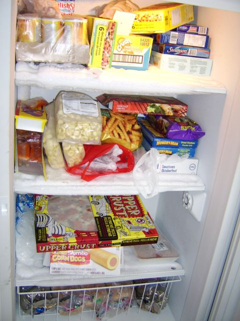 1989 Ford Bronco - A full freezer contains a variety of frozen meals and food items, including pizzas, corn dogs, and french fries.