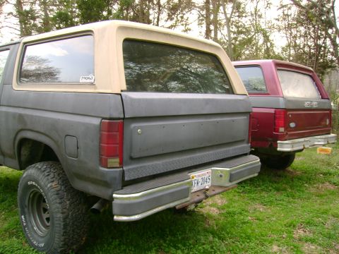 1989 Ford Bronco - Two Ford Broncos are parked side-by-side in a grassy area with trees in the background.