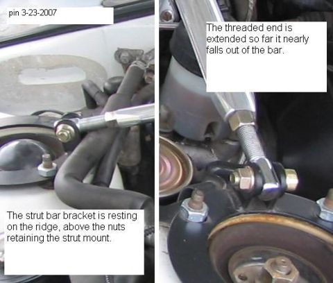 1992 Ford Probe - Close-up view of a strut bar bracket and its extended threaded end, with text annotations describing their positions.