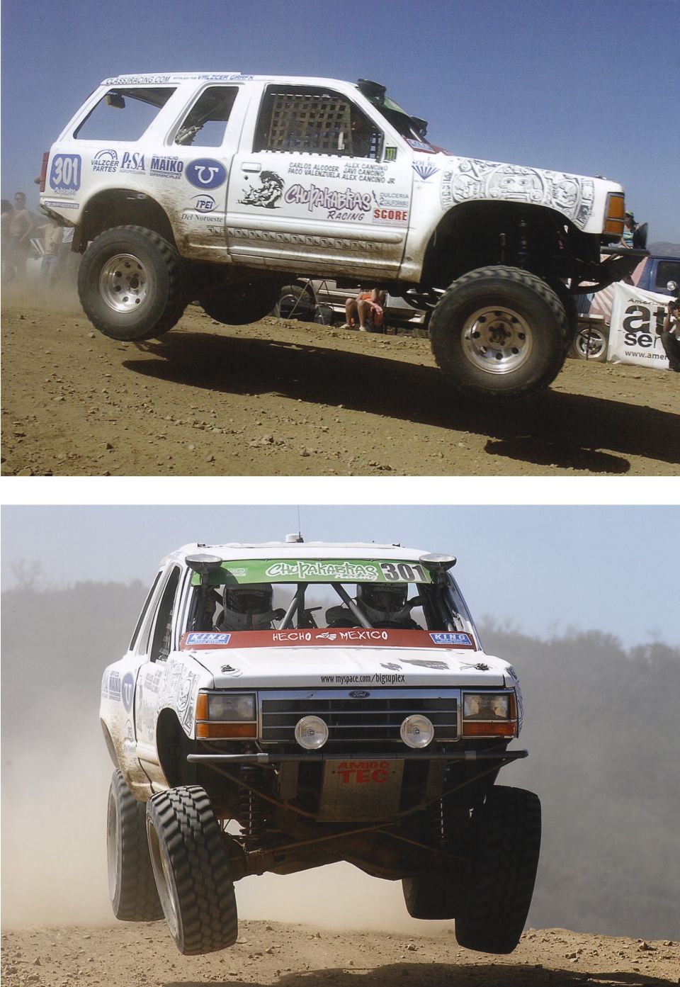 1992 Ford Explorer race truck mid-air during off-road event, number 301 on door