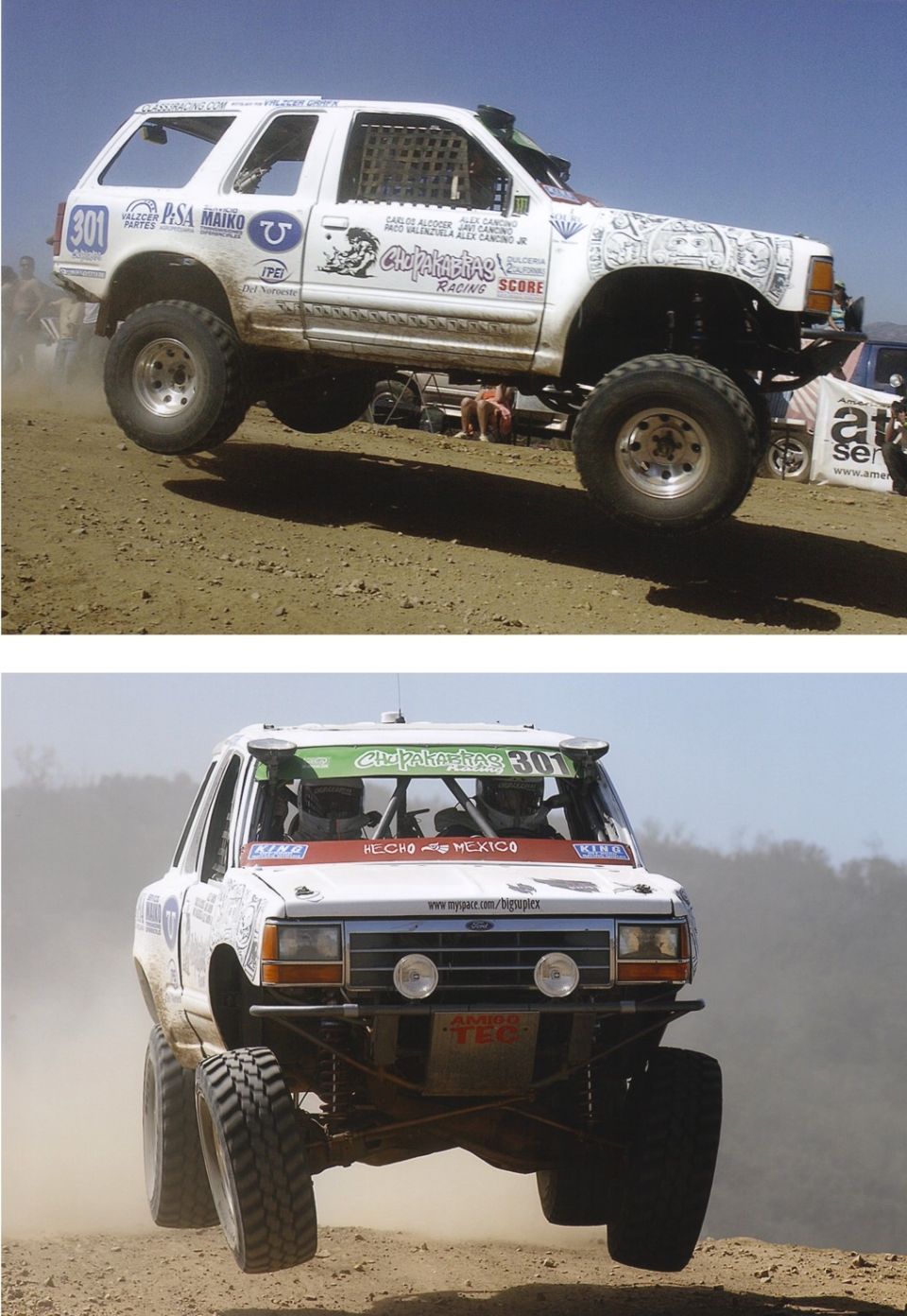 White off-road race truck mid-air, number 301 on door. Modified body, roll cage visible