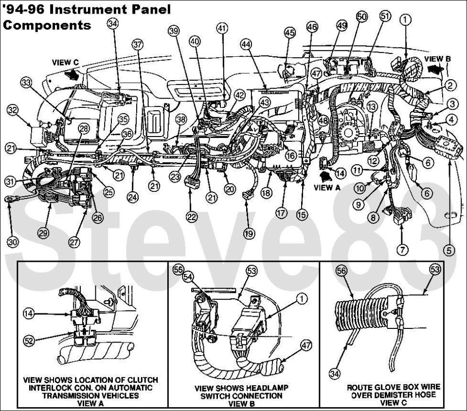 Ford 94-96 instrument panel components service diagram with numbered callouts