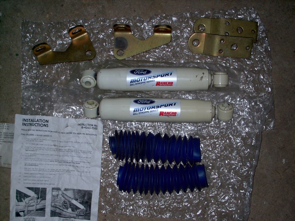 Ford Motorsport Rancho shock absorbers with blue boots and installation instructions
