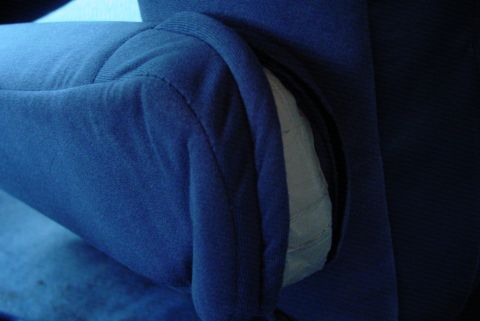 1993 Ford Bronco - Detail of a blue fabric seat cushion, showing texture and construction.