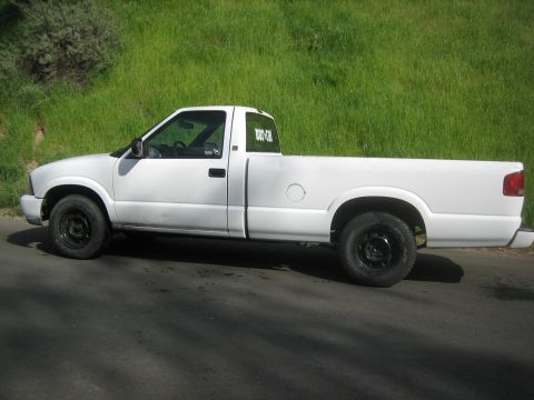 1995 Ford Bronco - A white pickup truck is parked on the side of a road with a grassy hill behind it.