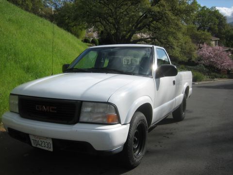 1995 Ford Bronco - This GMC pickup truck is parked on a paved surface with a grassy hill and trees in the background.