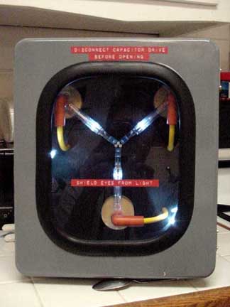 1979 Ford Bronco - A flux capacitor, a key component from the movie Back to the Future, is shown with warning labels.