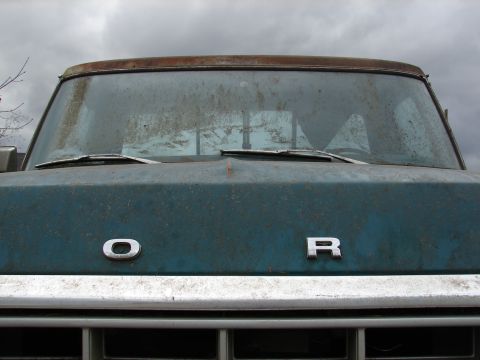 1996 Ford Bronco - The front of an old Ford truck shows its weathered hood and grille, with the brand name spelled out in chrome letters.