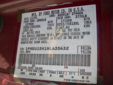 1992 Ford Bronco - Vehicle identification sticker shows manufacture date of November 1991.