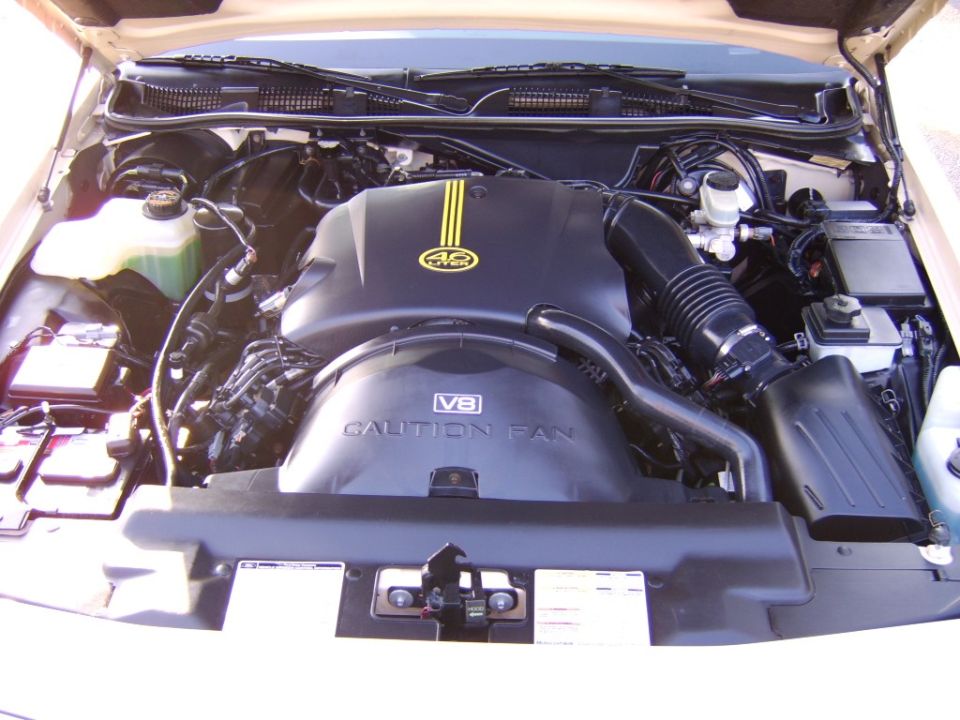 V8 engine bay with black covers marked CAUTION FAN and 4.6 LITER badge