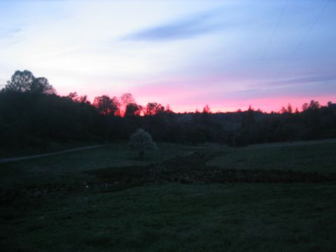 1973 Ford F-100 - Evening sky displays vibrant pink and blue colors over a rural landscape with trees and fields.