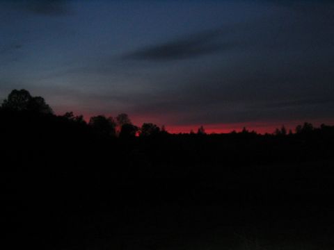 1973 Ford F-100 - A dark sky with a vibrant red sunset horizon is visible over silhouetted trees and a dark foreground.