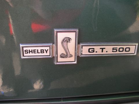 1998 Ford Crown Victoria - Close-up of a chrome Shelby G.T. 500 emblem with a cobra snake graphic mounted on a glossy green body panel.