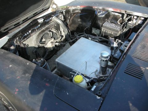 1998 Ford Crown Victoria - engine bay of a dark car showing a swapped V6, aluminum overflow tank, brake reservoir and intake plumbing under the open hood.